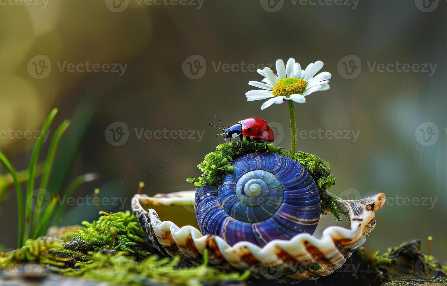 ai generado mariquita y caracol en cáscara con margarita foto