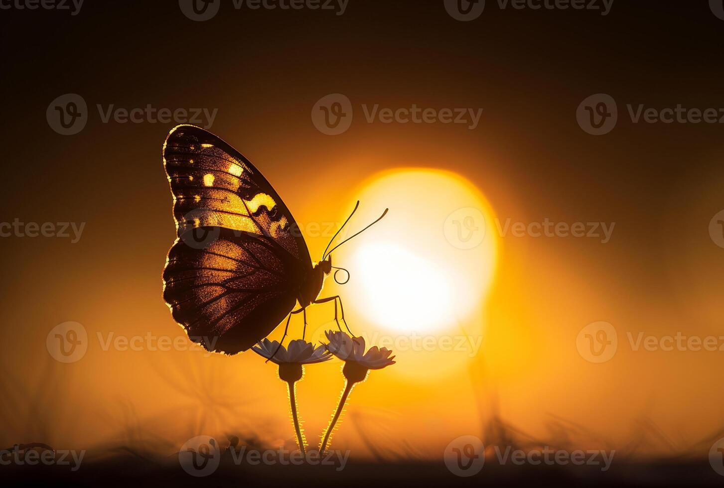 AI generated Silhouette of butterfly on flower at sunset photo