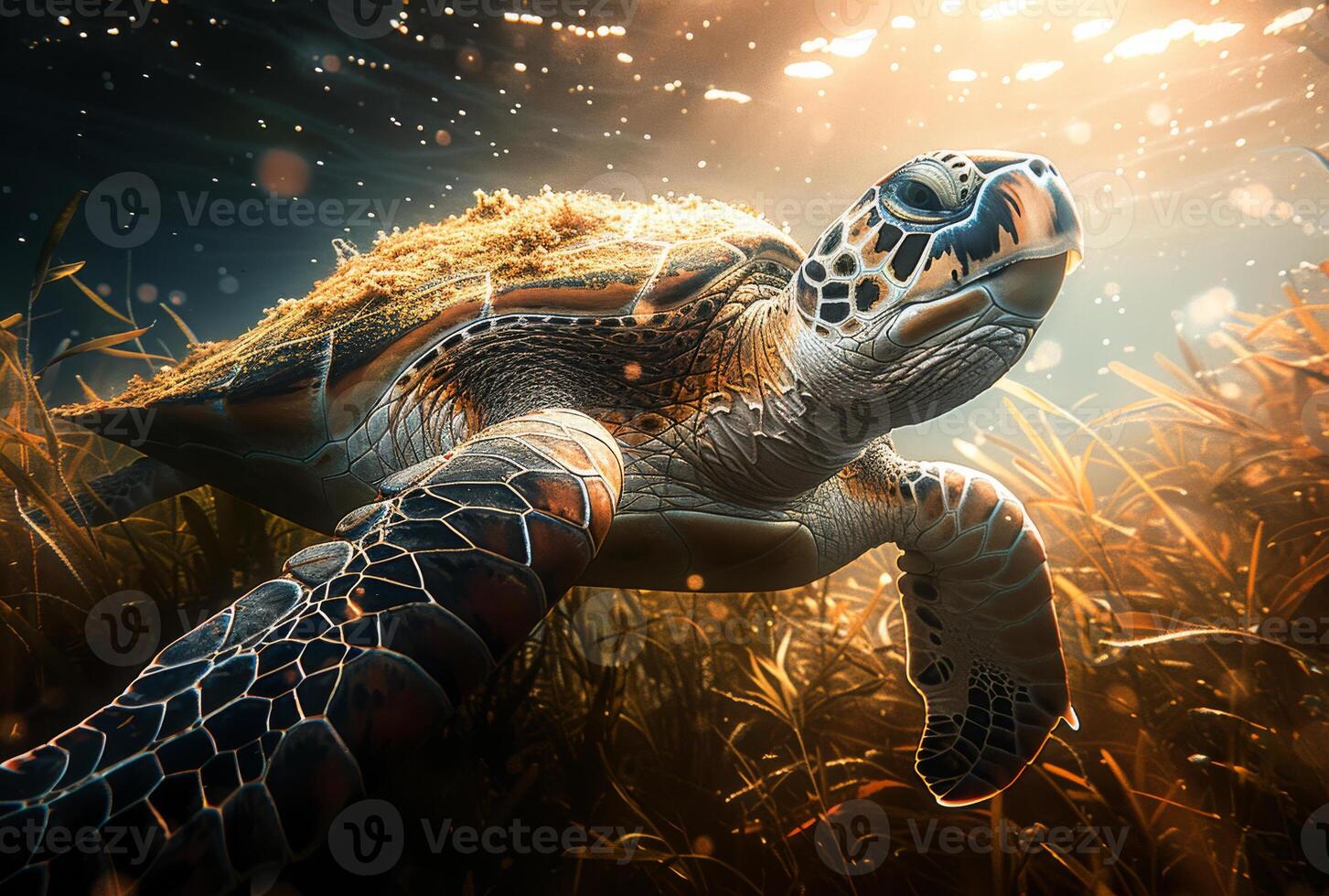 AI generated Sea turtle swims through the ocean in the rays of the sun photo