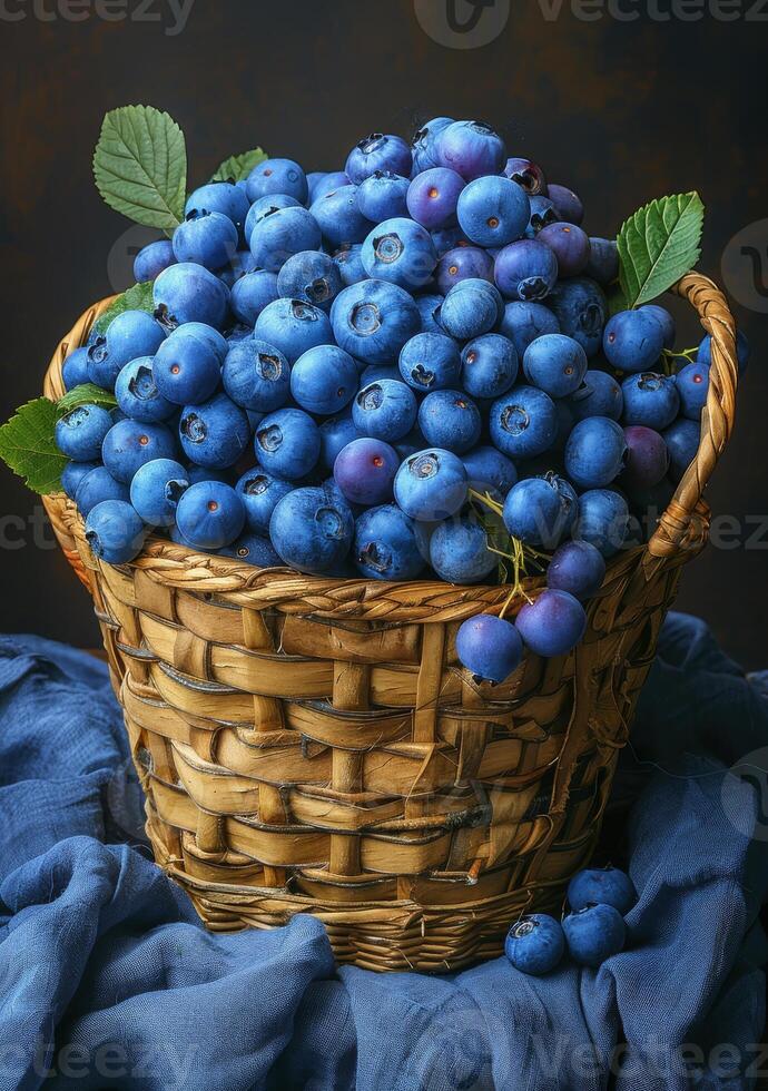 AI generated Blueberries in basket. A blueberry basket on a cloth on black background photo