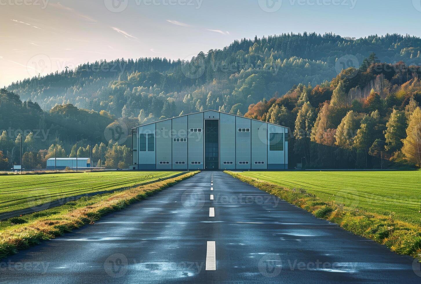 AI generated Hangar and road in the countryside photo