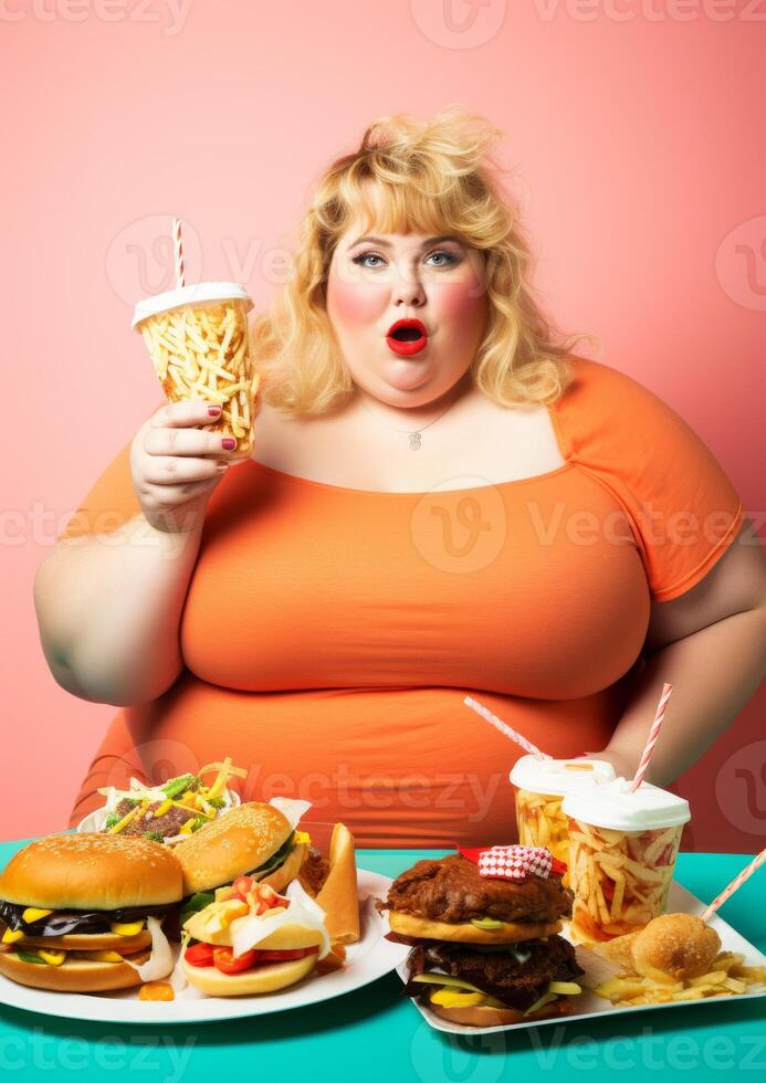 ai generado grasa mujer comiendo lote de rápido comida en rosado antecedentes foto
