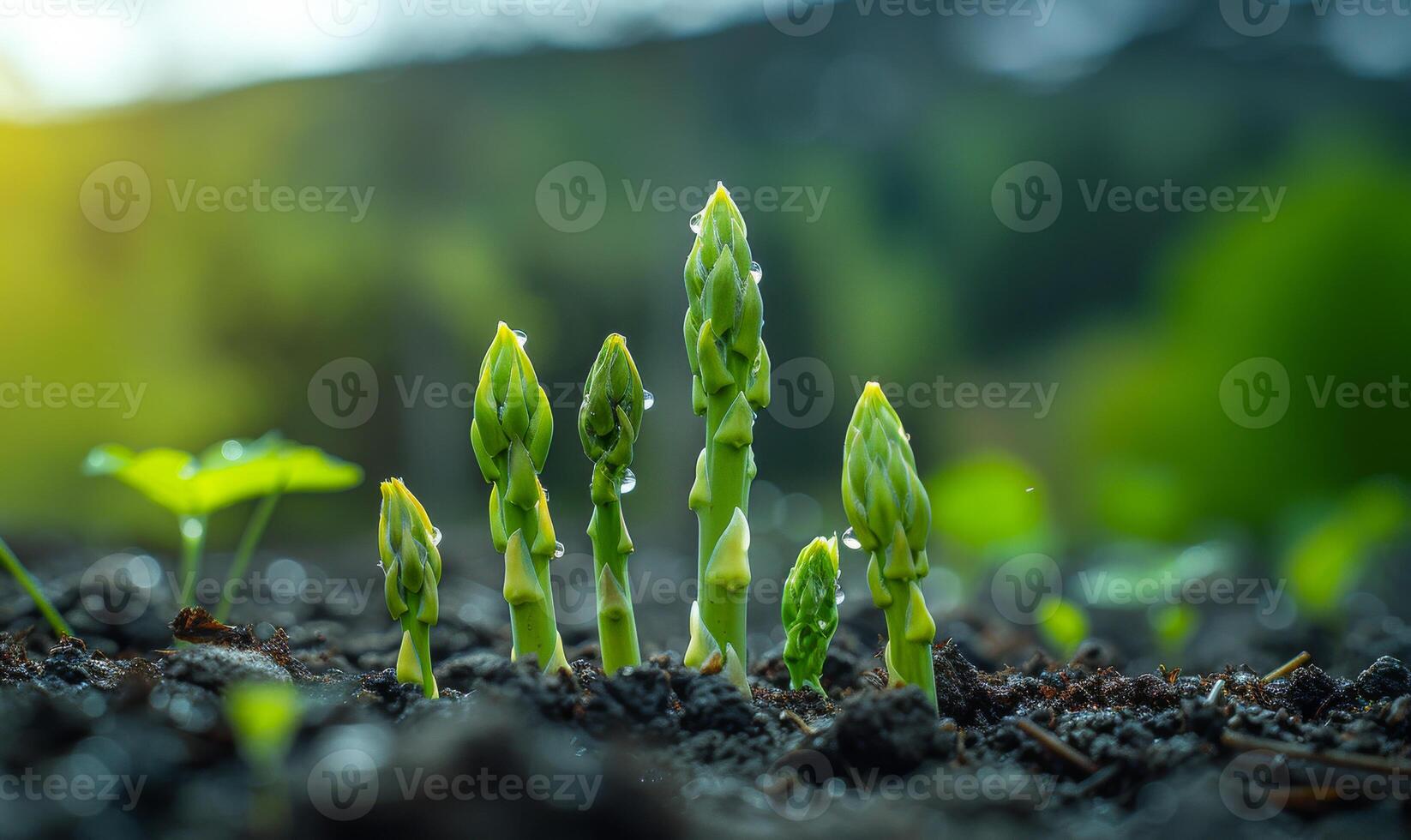 ai generado joven verde espárragos coles en el suelo en el primavera foto