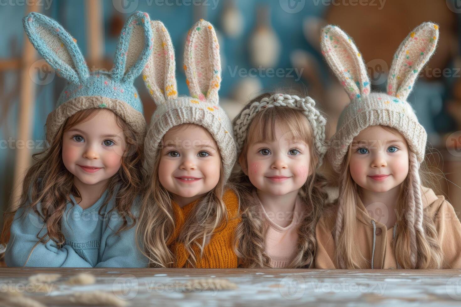 AI generated Four cute little girls in knitted hats with ears of hare sit at the table. The concept of the Easter holidays. photo