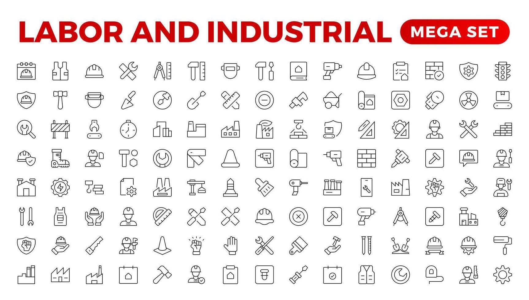Labor and Industrial icon set. Line set of Engineer, Gear, and Gears mechanical machine icons. Manufacturing and Engineering line icon set. Production, Setting, Industrial Factory,  Labour, vector