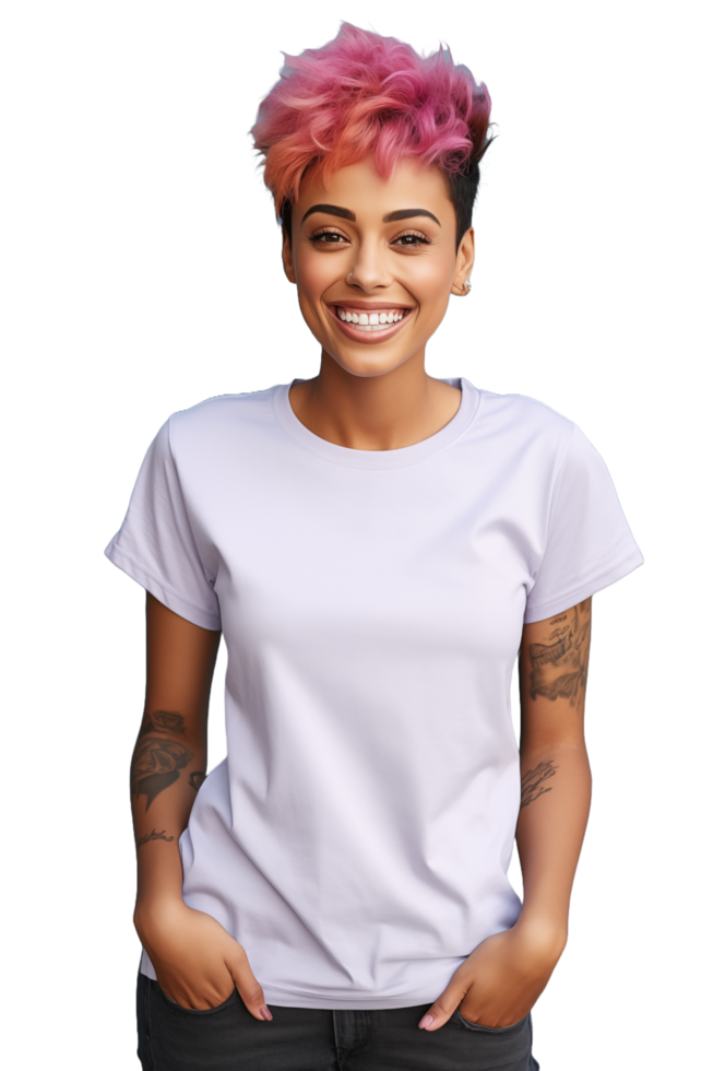 AI generated young girl with tattoos wearing a white mockup t-shirt png