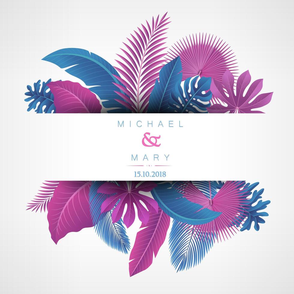 Wedding Invitation with Tropical Leaves Concept, Vector Illustration