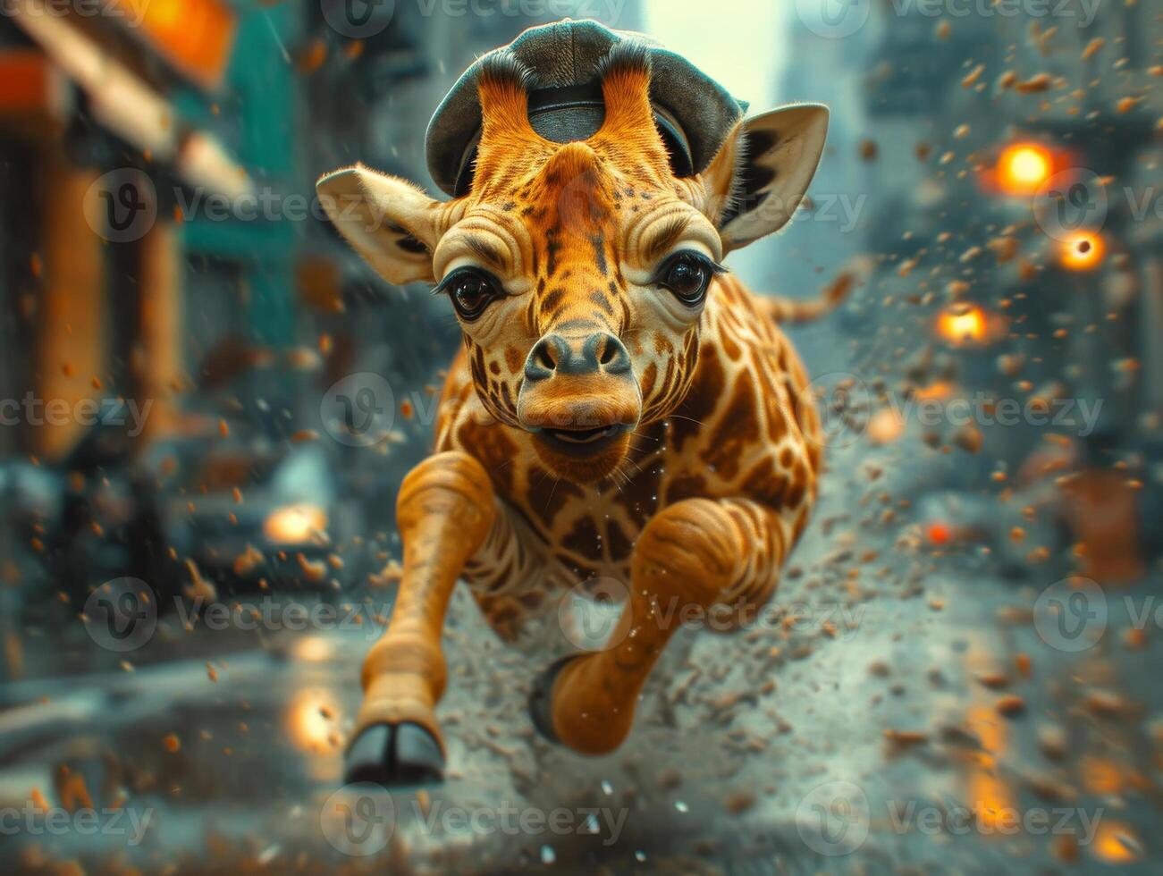 AI generated Giraffe running through the streets of city with helmet on photo