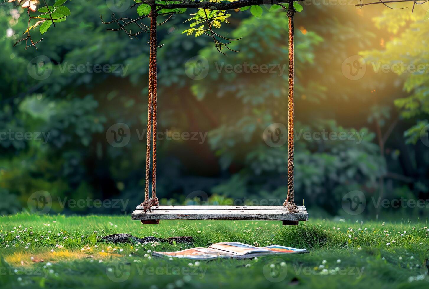 AI generated Book and swing in the park. A photo of an old wooden swing hanging from a tree in front