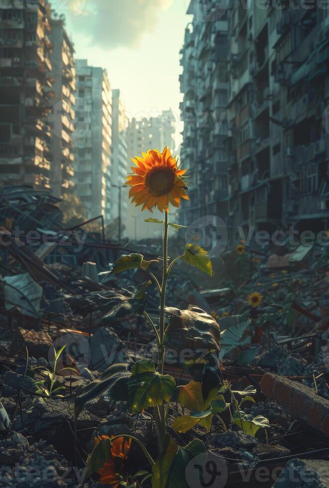 AI generated Single sunflower grows in the middle of devastated city. photo