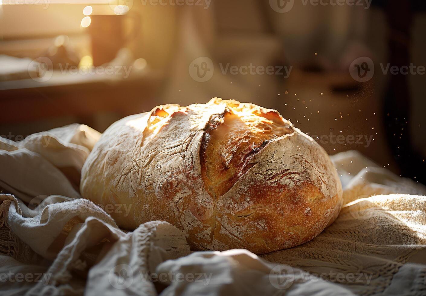 AI generated Freshly baked bread is sprinkled with flour on white tablecloth photo