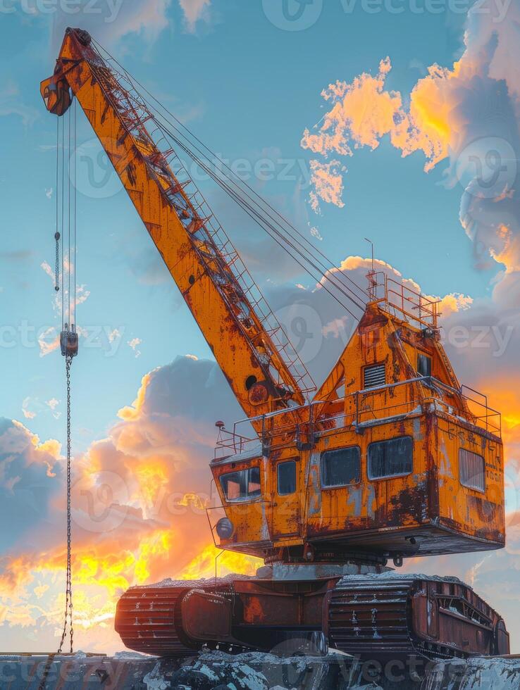 AI generated Large yellow excavator on background of blue sky and clouds photo