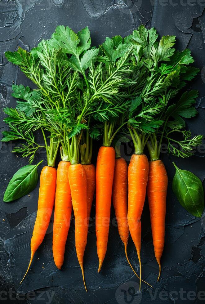AI generated Fresh raw carrots with green leaves on black background