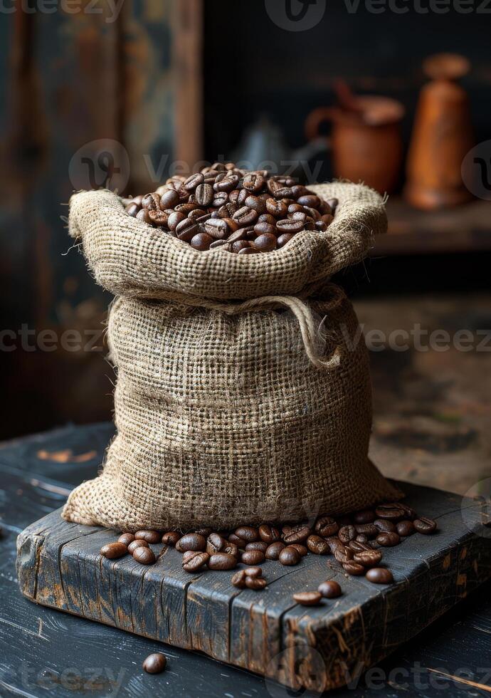 AI generated Roasted coffee beans in burlap bag on wooden table photo