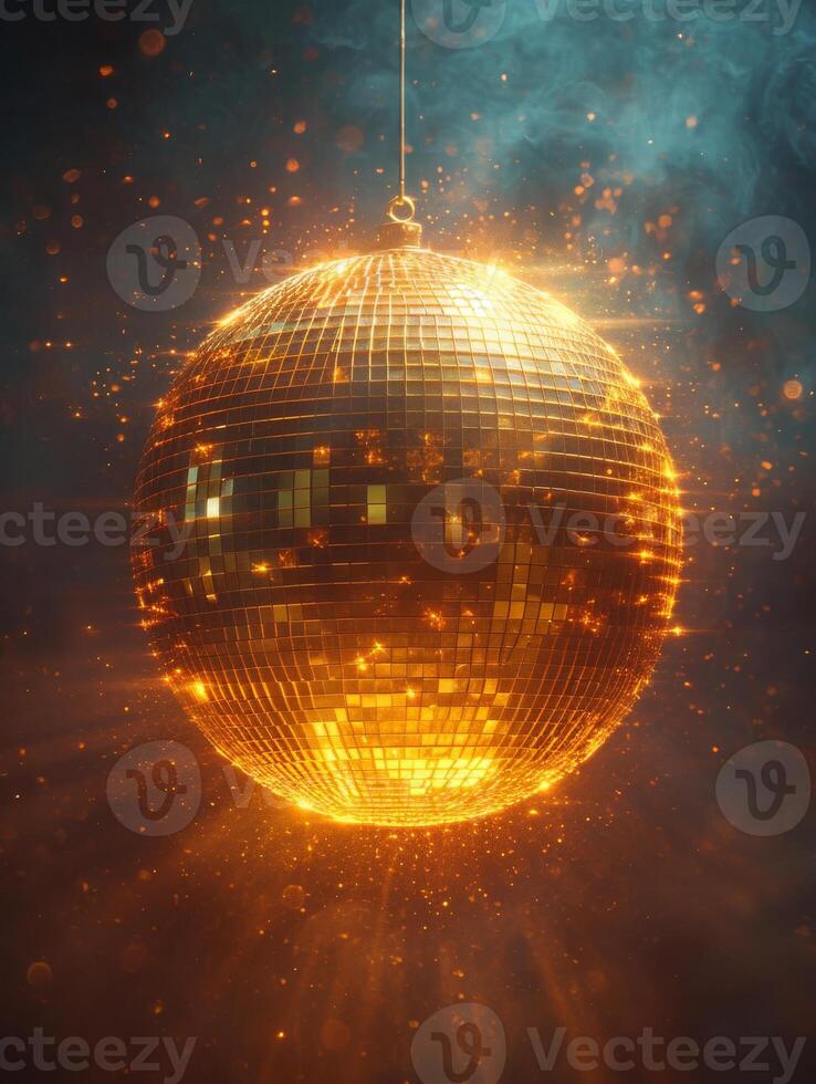 AI generated Golden disco ball and lot of small lights. A disco ball illuminating in the background with spotlights photo