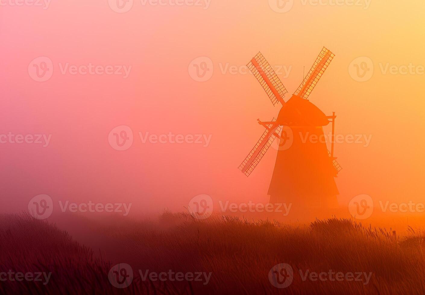 AI generated Windmill in the mist. A windmill rises from a misty field photo