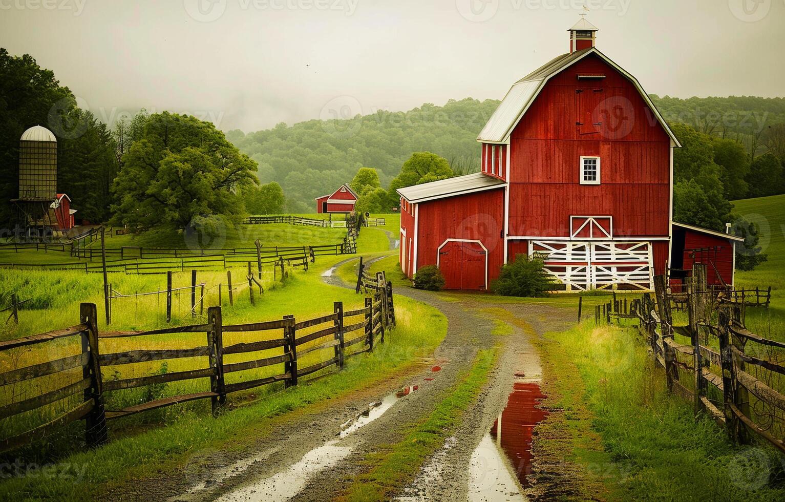 AI generated Red barn and red barn house in rural setting with dirt road and fence. photo