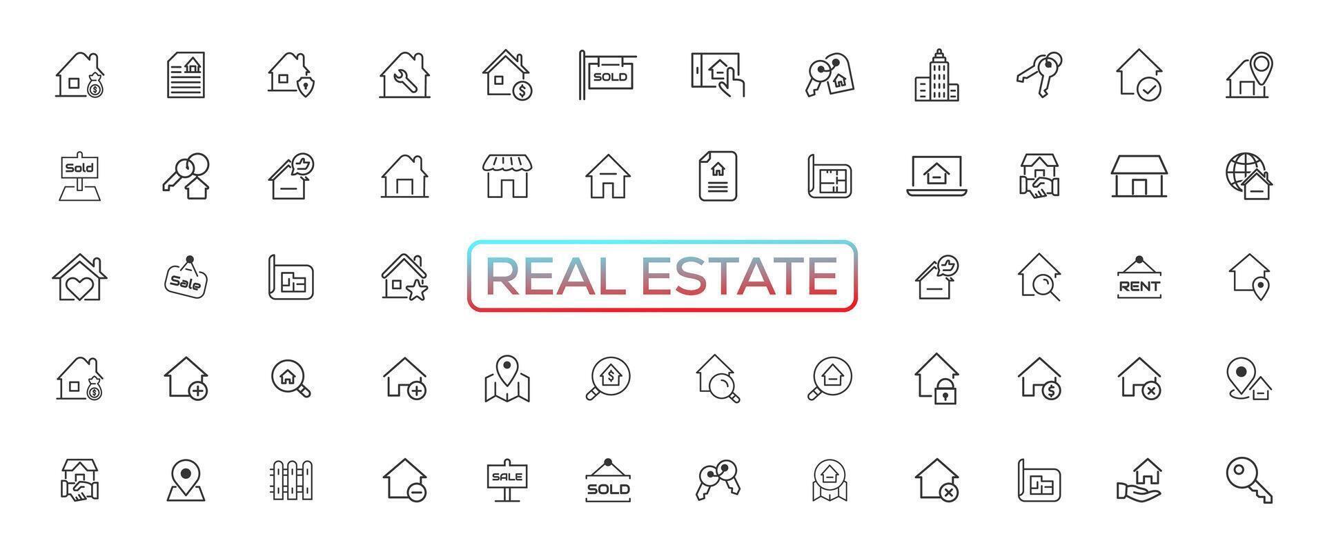 Real Estate minimal thin line web icon set. Included the icons as realty, property, mortgage, home loan and more. Outline icons collection. Simple vector illustration