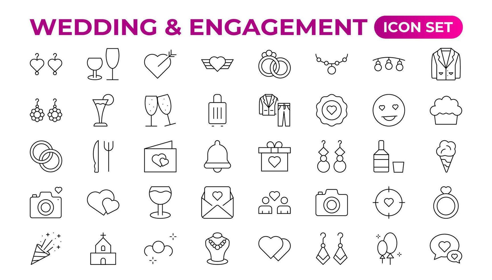 Simple Set of Minimal Wedding Related Vector Line Icons. The wedding outline icon set includes thin line rose, candle, marriage, bouquet, groom, tent, dove icons for report, presentation, and diagram.