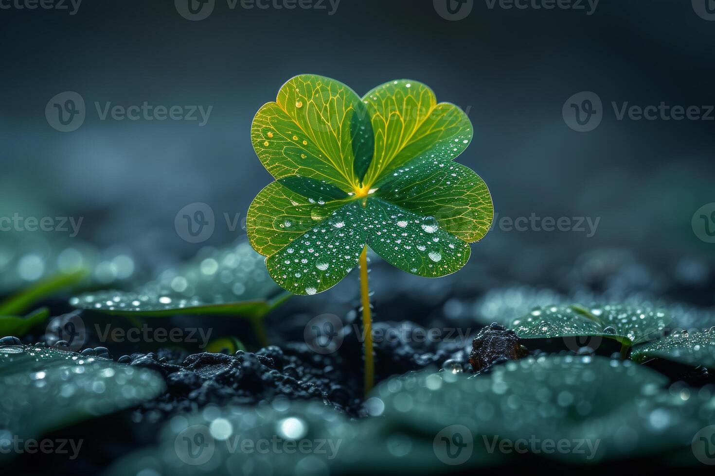 AI generated Green four leaf clover and single yellow leaf with dew drops on it growing in the soil macro with copy space photo