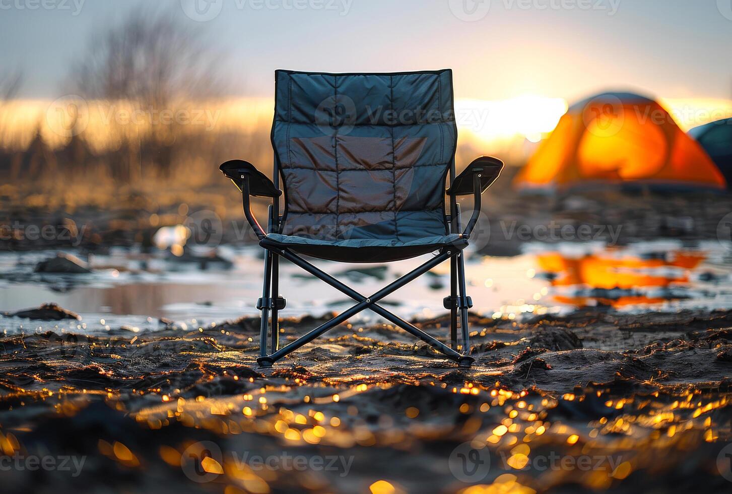 AI generated Folding chair stands on the shore of lake at sunset photo