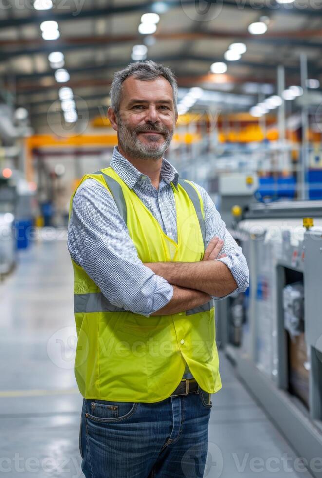 AI generated Portrait of smiling mature industrial man engineer with arms crossed in factory photo