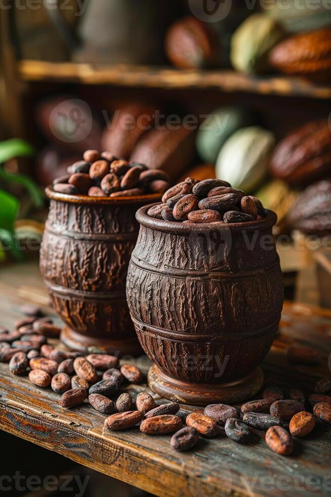 AI generated Cocoa beans in wooden bowl photo