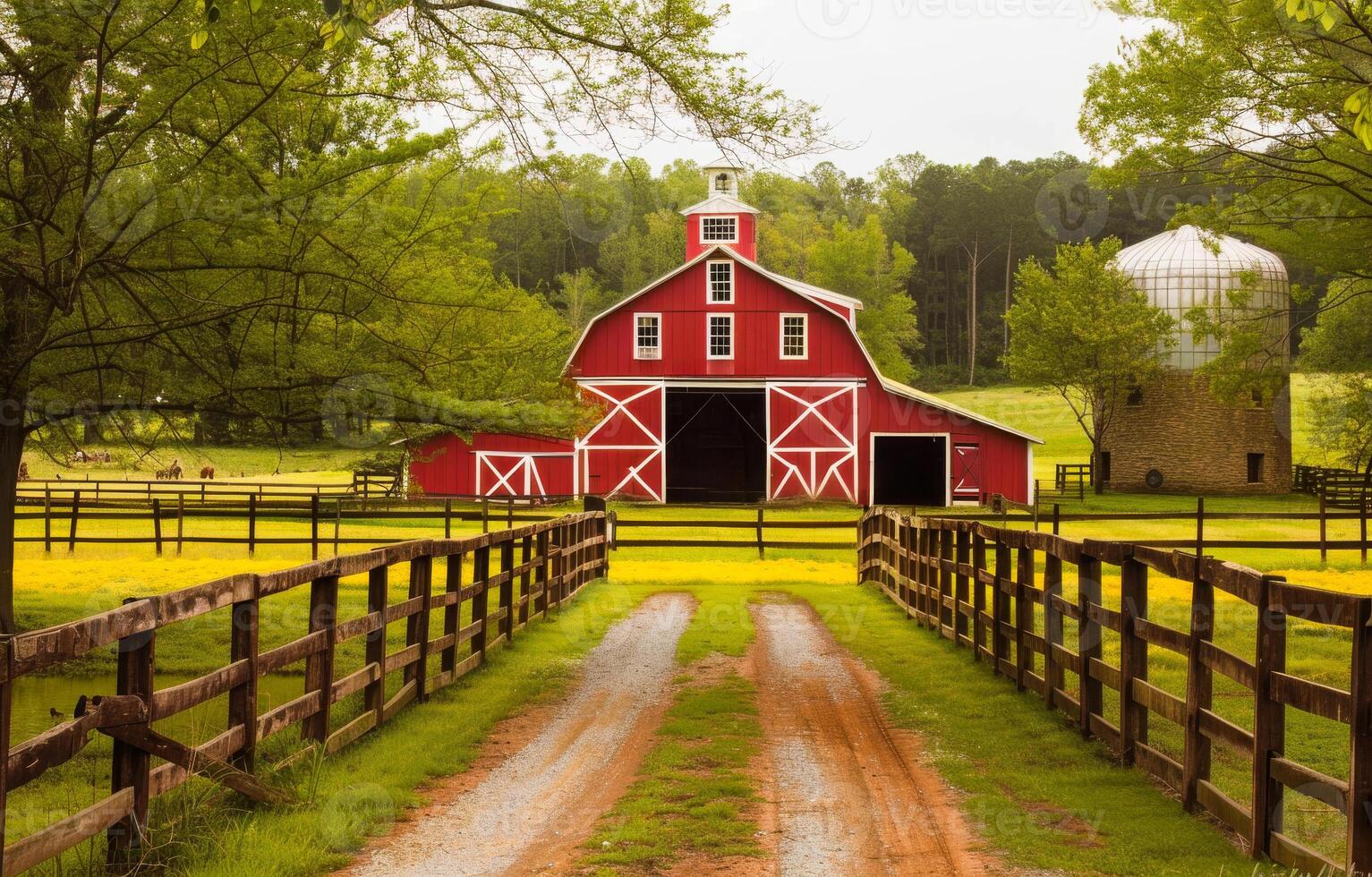 AI generated Red barn and silo sit on farm in the country. photo