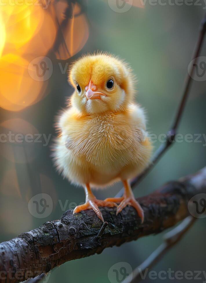 ai generado linda pequeño polluelo en el rama foto