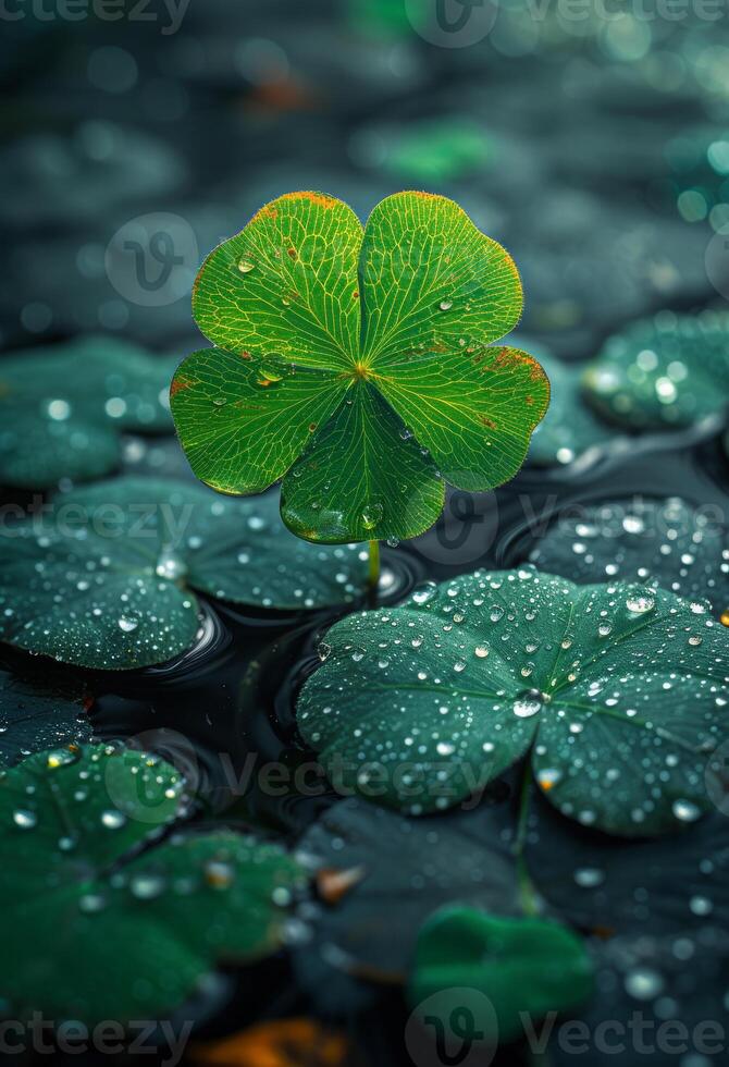AI generated Single green four leaf clover and water droplets on pond photo