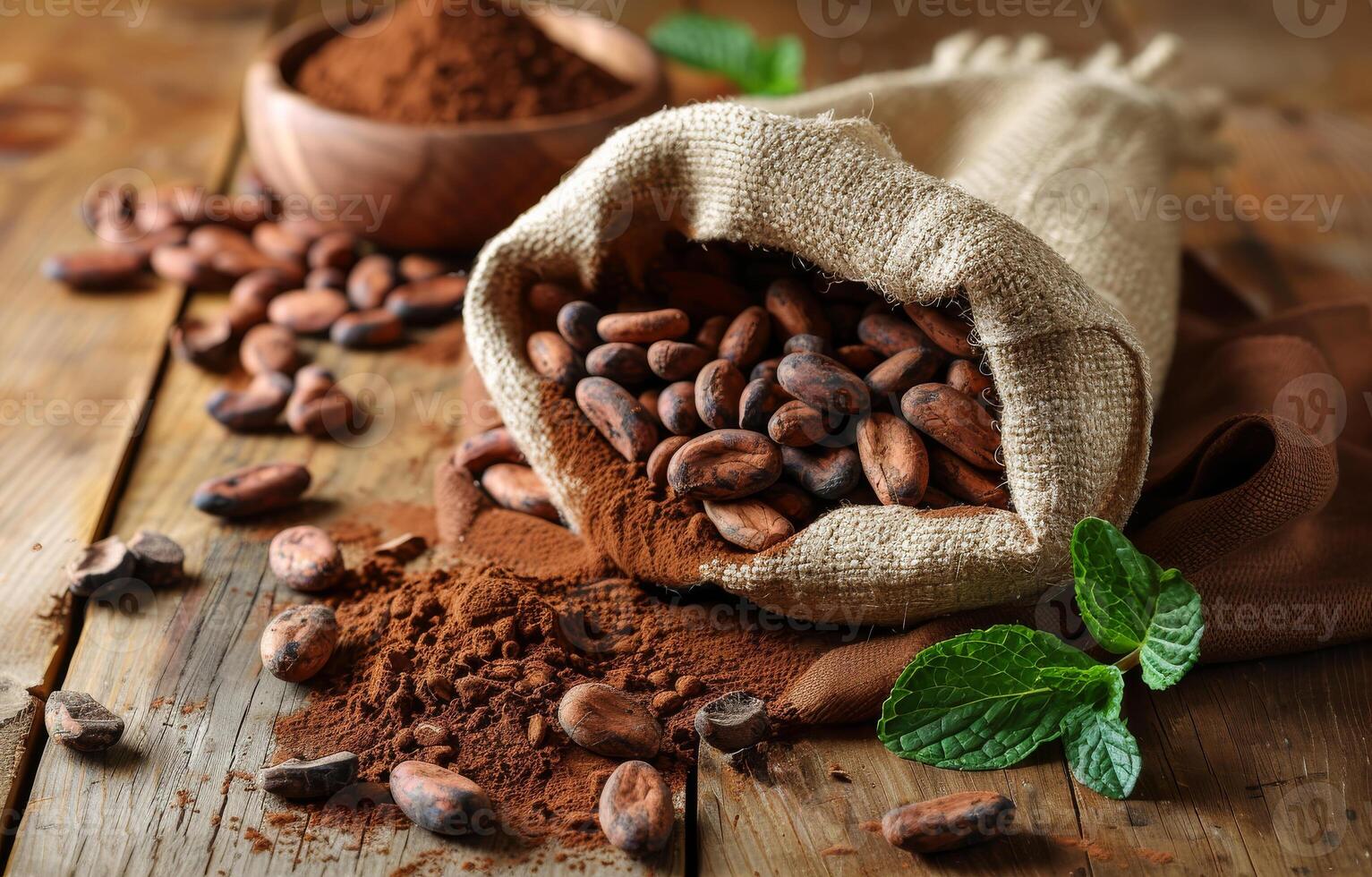 AI generated Cocoa beans in burlap bag on wooden table photo