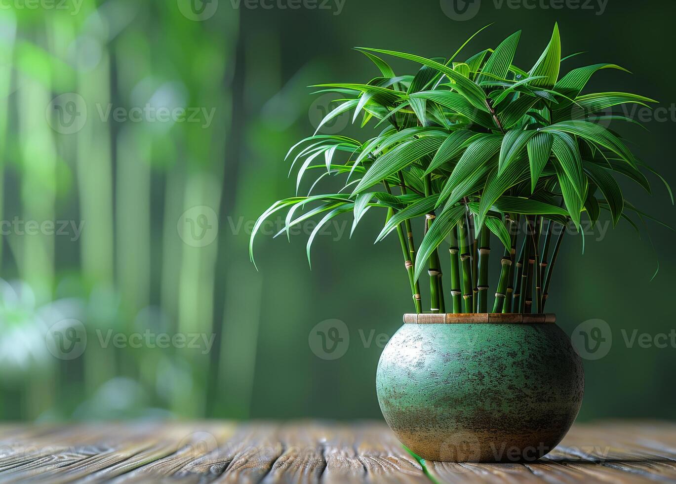 AI generated Green bamboo plant in the pot on wooden table over blur green bamboo background photo