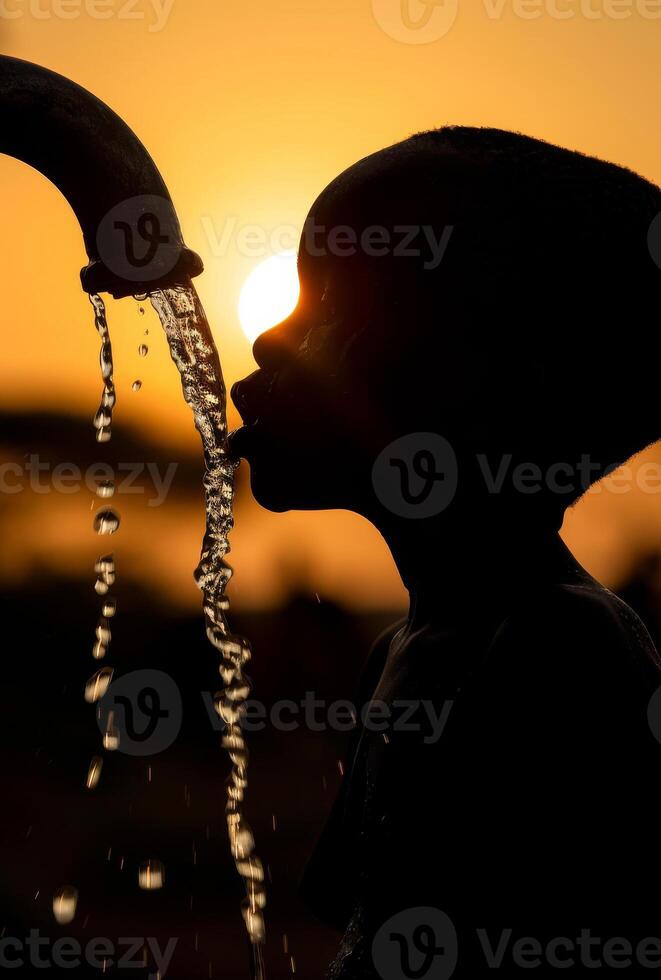 AI generated Young boy drinks water from tap during sunset photo