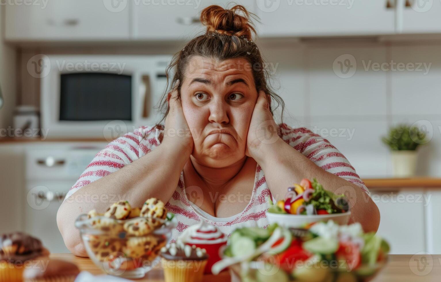 AI generated Overweight woman sitting at the table with junk food and looking at camera photo