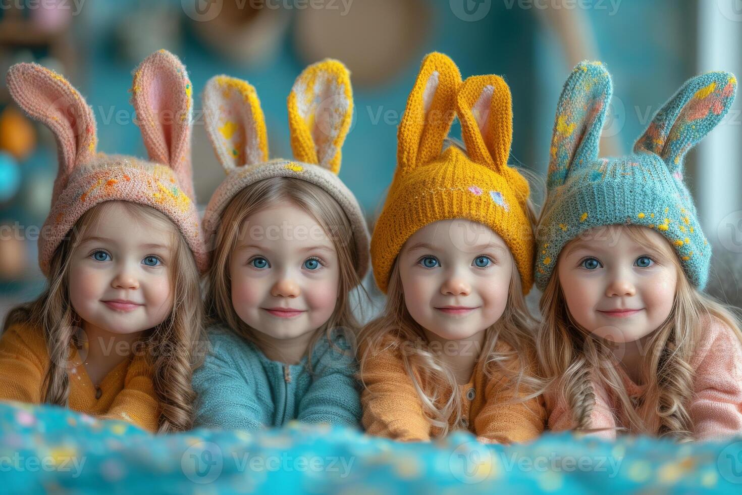 AI generated Four little girls in rabbit hats lie on the bed. photo