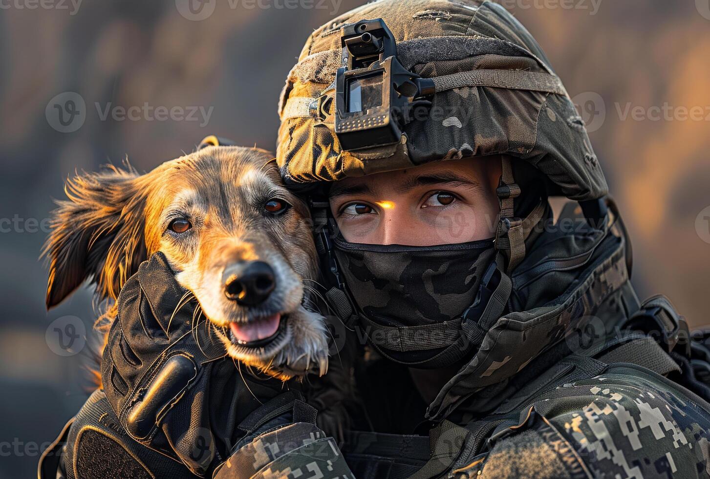 AI generated Soldier and his dog. Military man kissing his dog photo