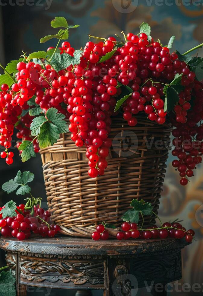 AI generated Red currants in basket on the table photo