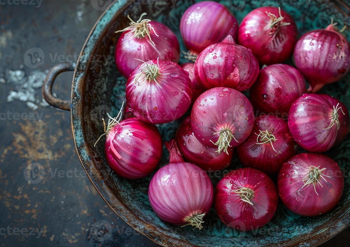 AI generated Red onions in metal bowl. A kitchen cutlery set on dark background photo