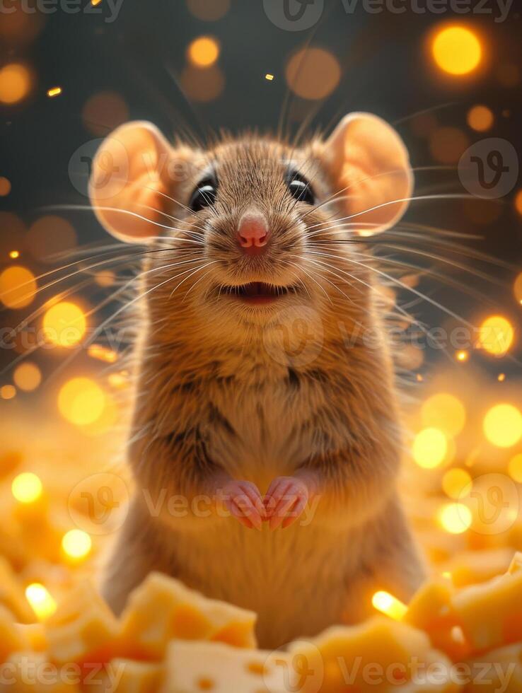 AI generated Cute mouse sits in the cheese gold bokeh background. A mouse standing in front of a pile of cheese and lights photo