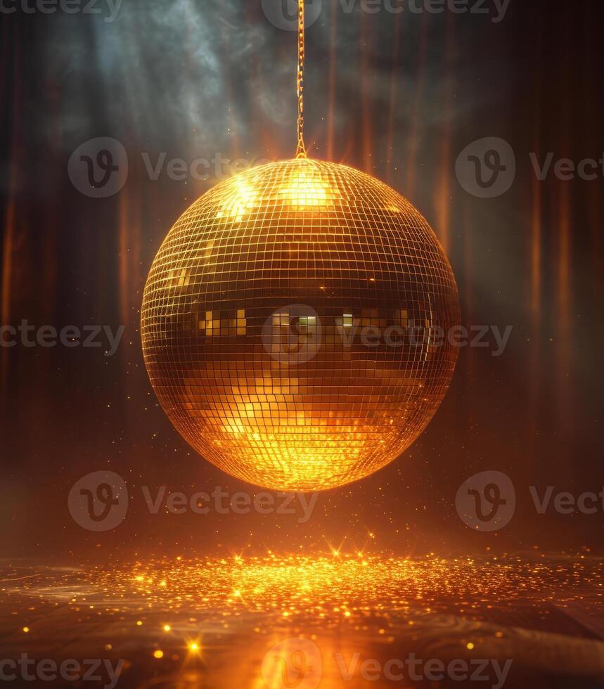 AI generated A disco ball illuminating in the background with spotlights. Gold disco ball and glitters on dark background photo