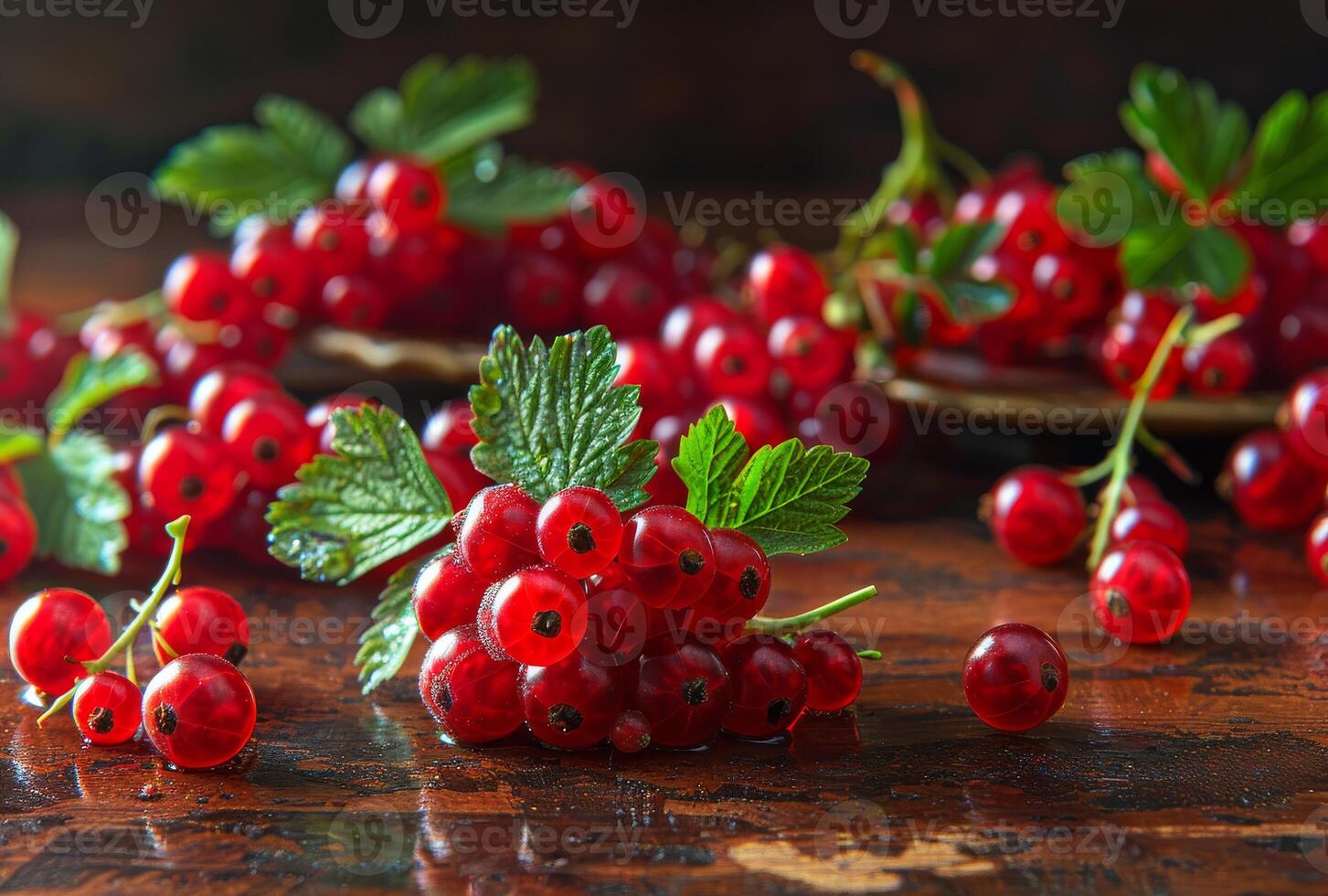 AI generated Red currants on dark rustic wooden table photo