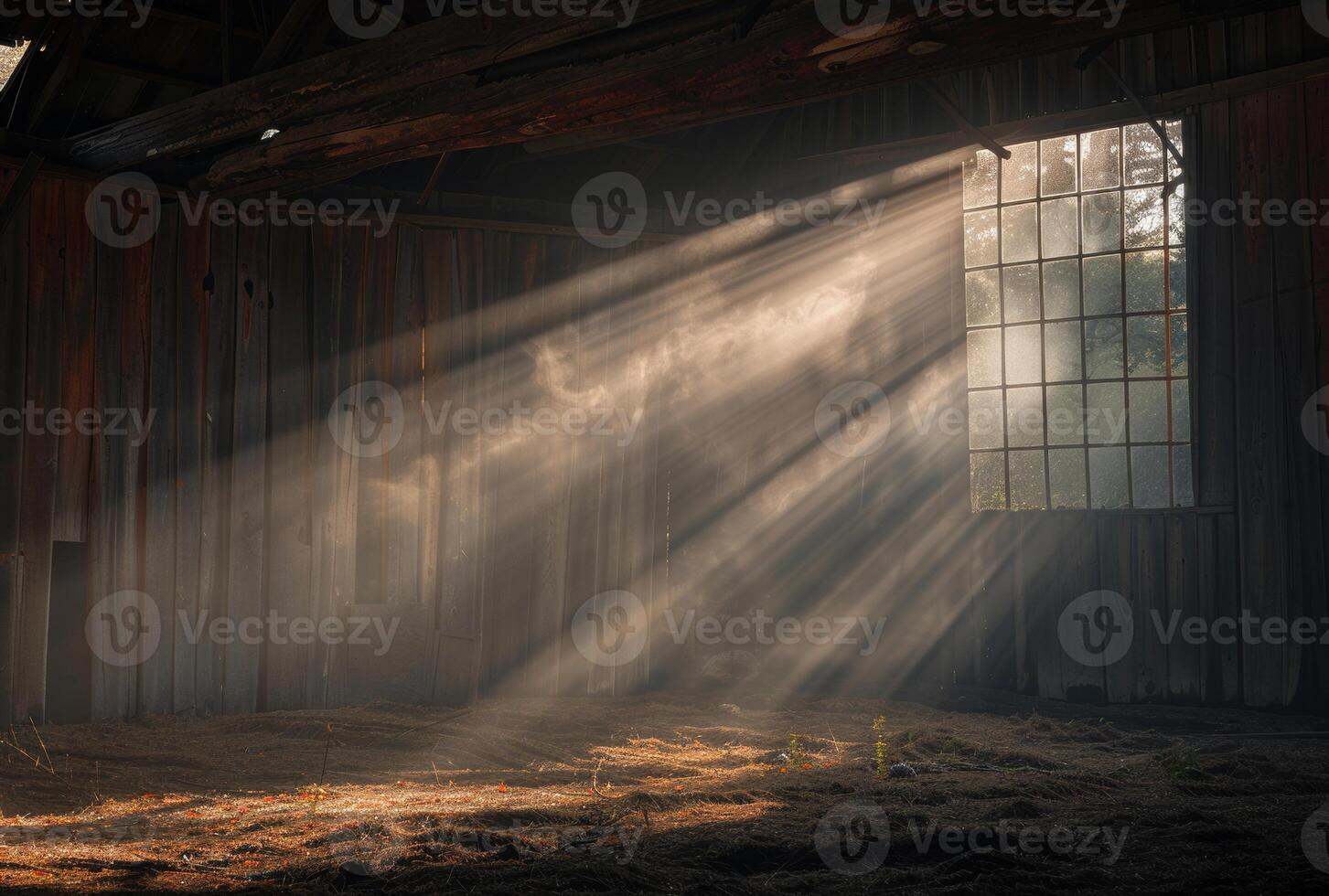 AI generated Sunlight streams through window in abandoned barn photo