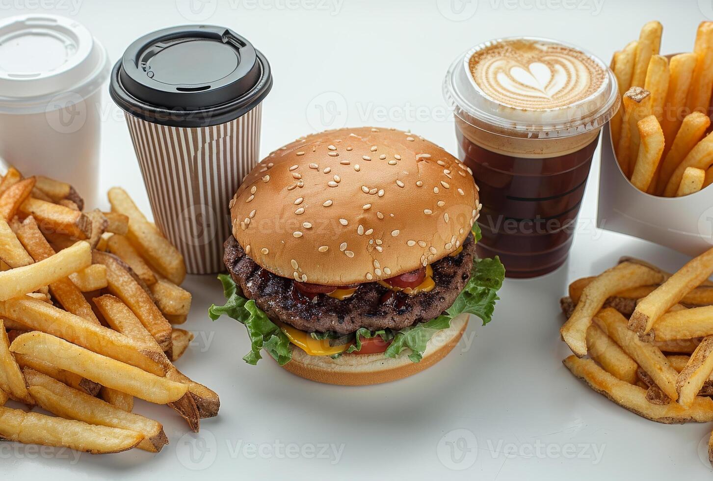 ai generado hamburguesa francés papas fritas café y taza de latté en blanco antecedentes foto