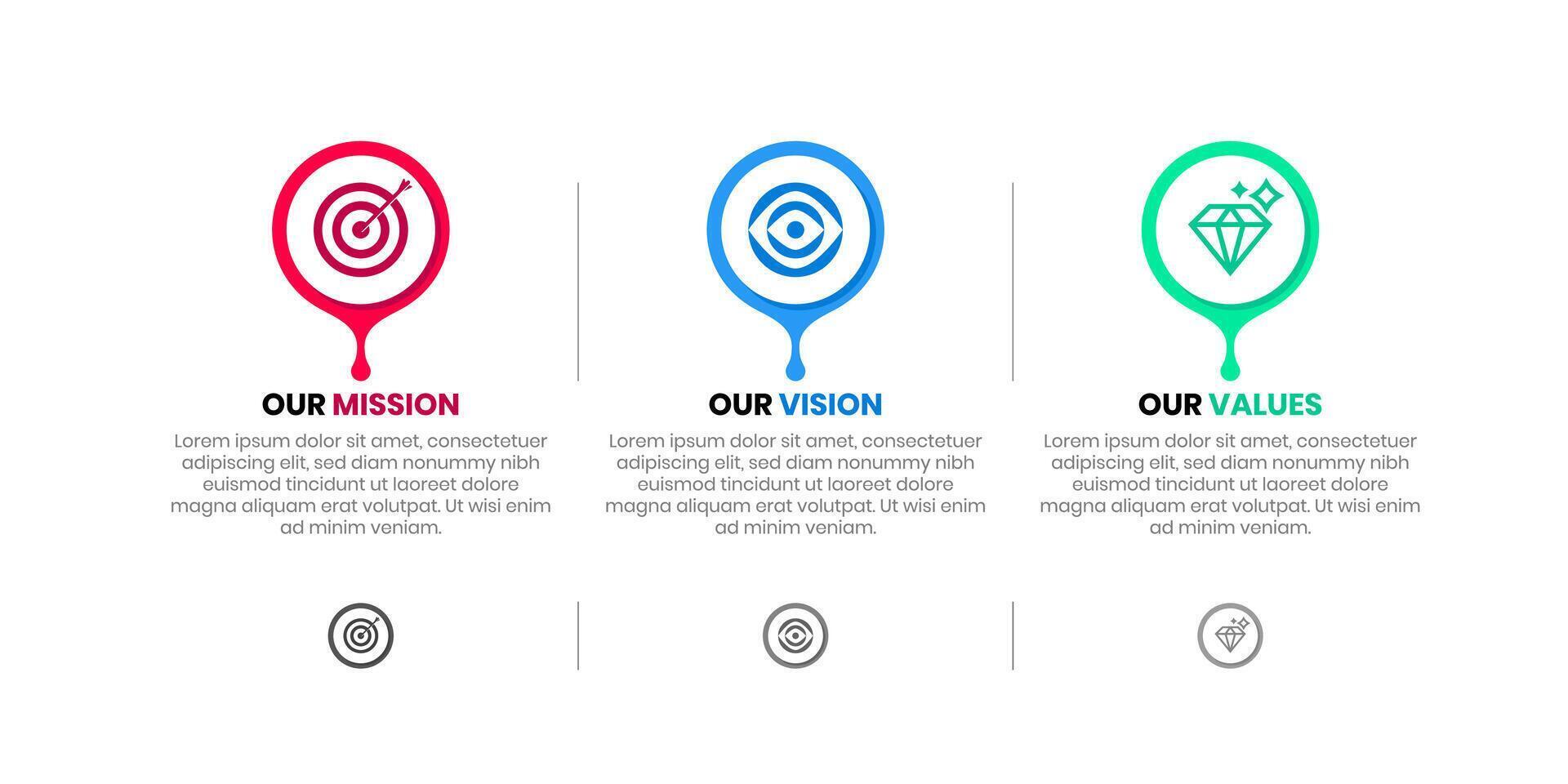 misión, visión y valores de empresa con texto. empresa infografía editable bandera modelo. misión visión valor resumen moderno vector icono ilustración.