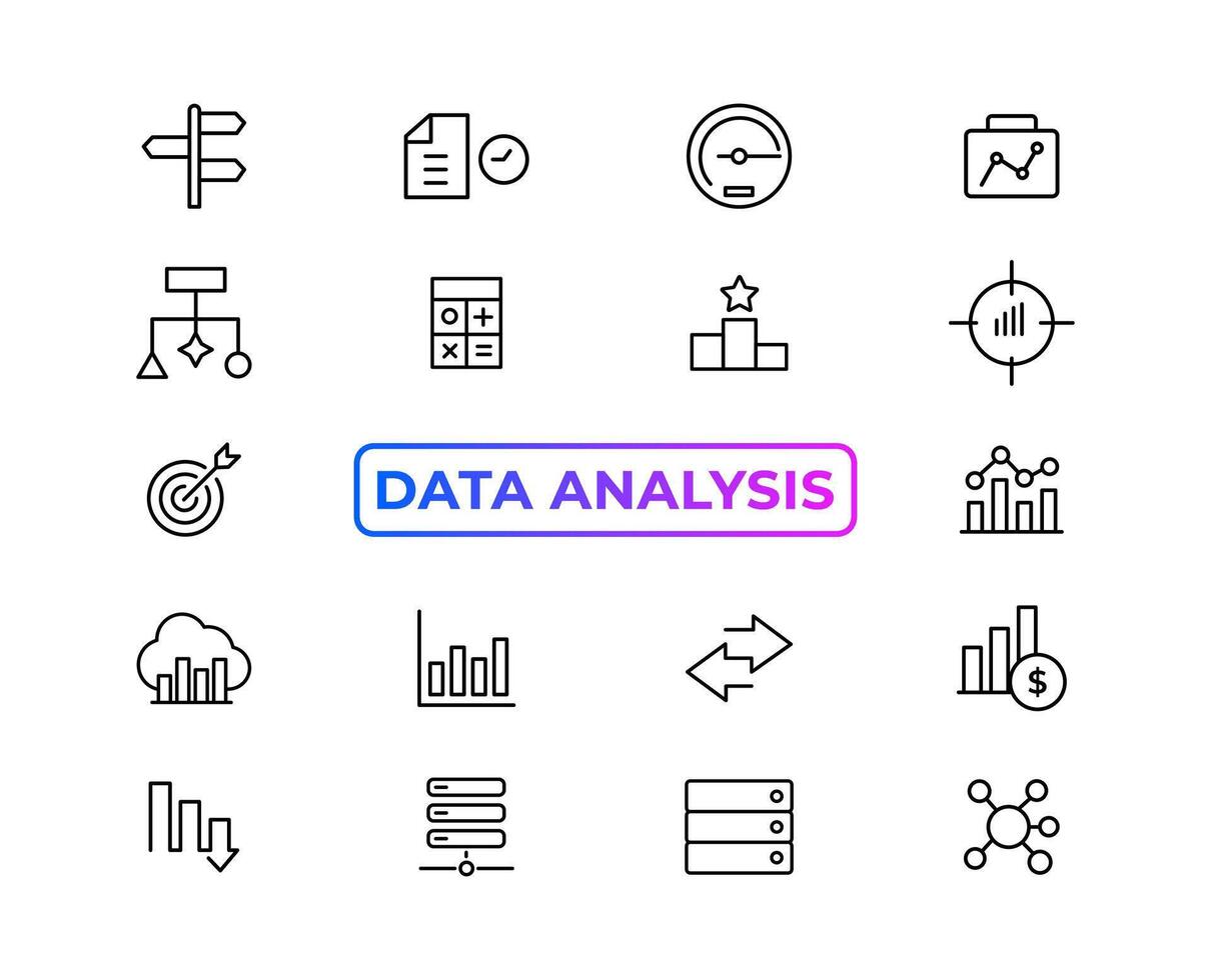 Big data analysis thin line icon set. Data processing outline pictograms for website and mobile app GUI. Digital analytics simple UI, UX vector icons