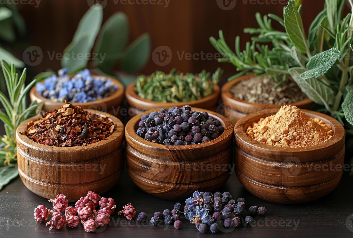 AI generated Various dry herbs and berries in wooden bowls on dark background photo