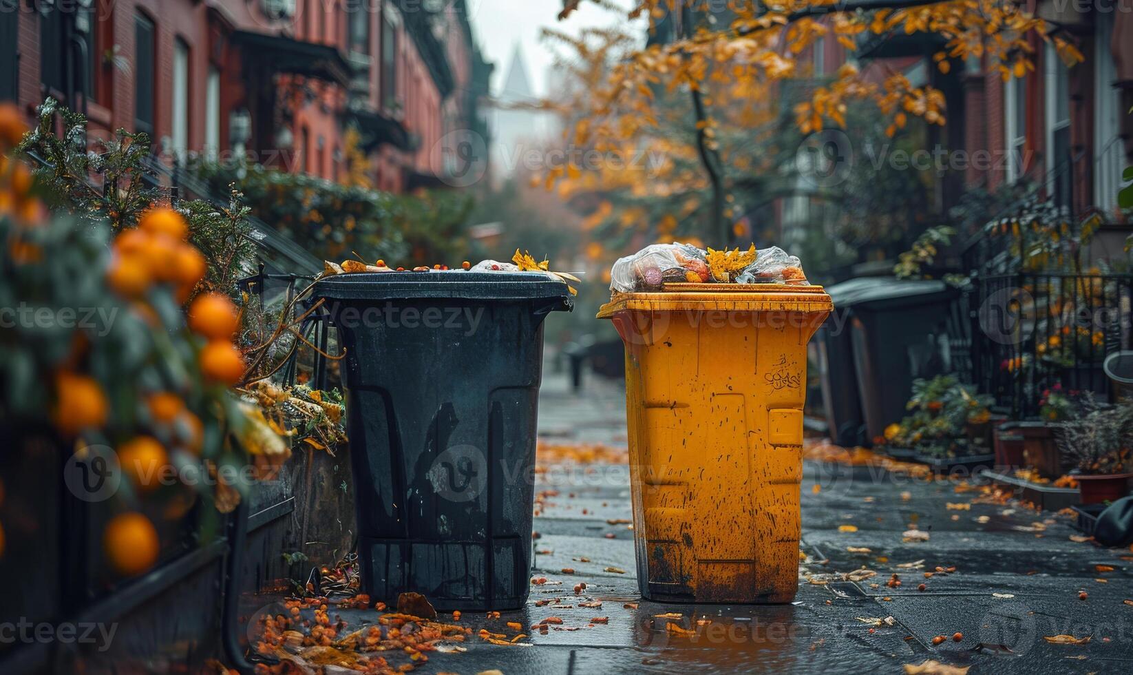 AI generated Two trash cans filled with garbage on the street in autumn photo