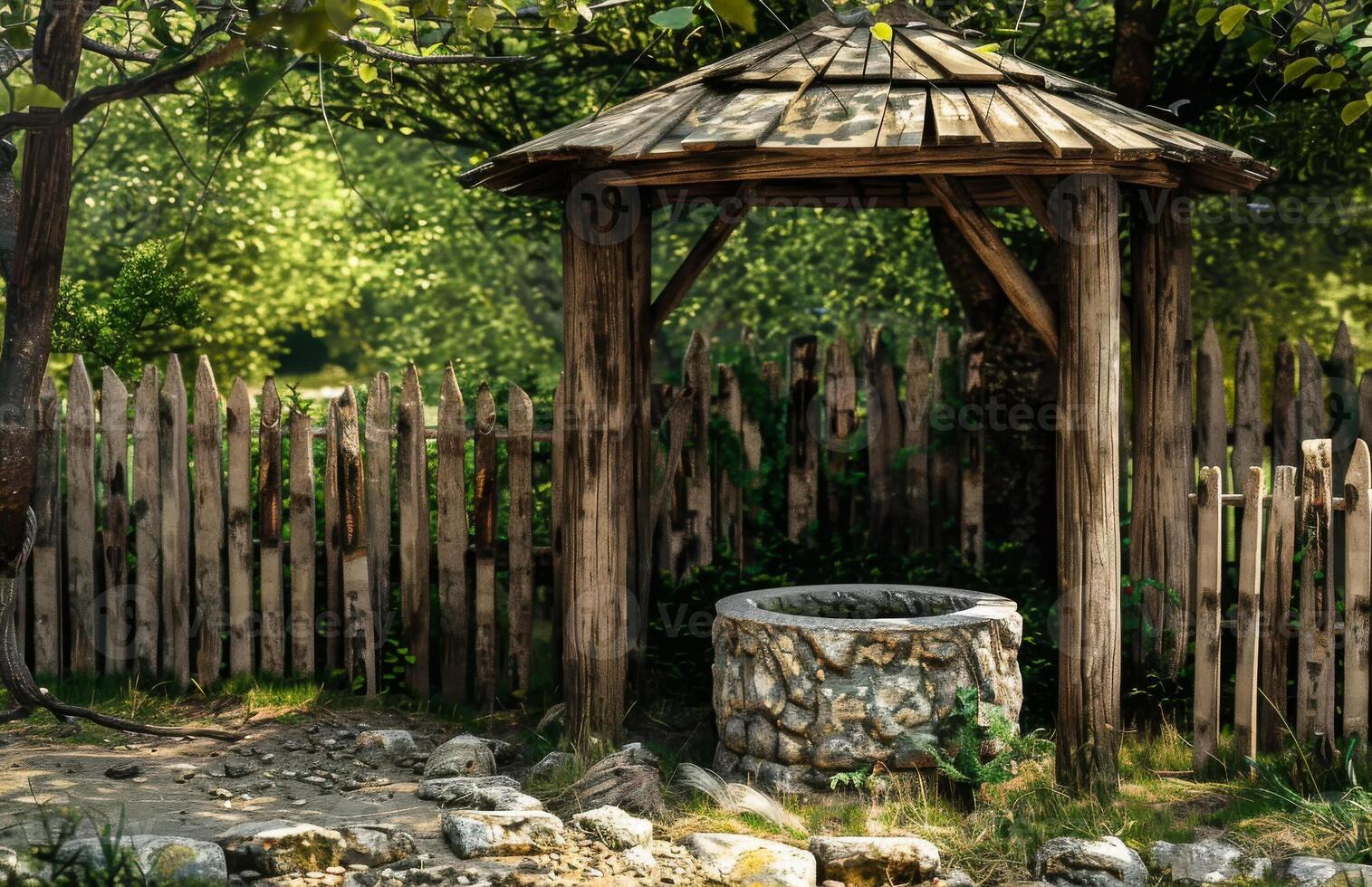 AI generated A stone well. Wooden fence around the well photo