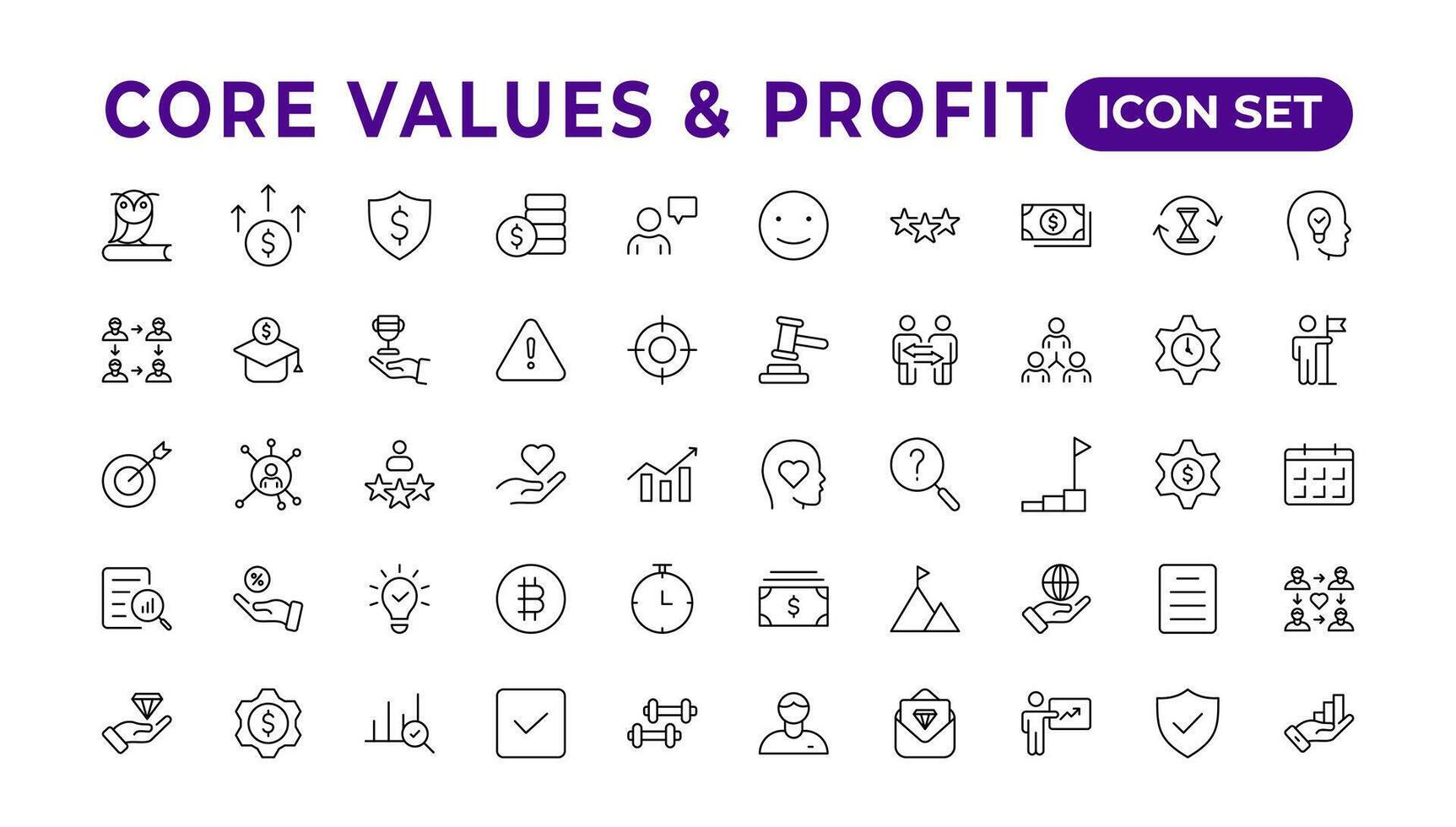 Value money core icons set. Outline illustration of icons. Core values line icons. Integrity. Vision, Social Responsibility, Commitment, Personal Growth, Innovation, Family, and Problem-Solving. vector