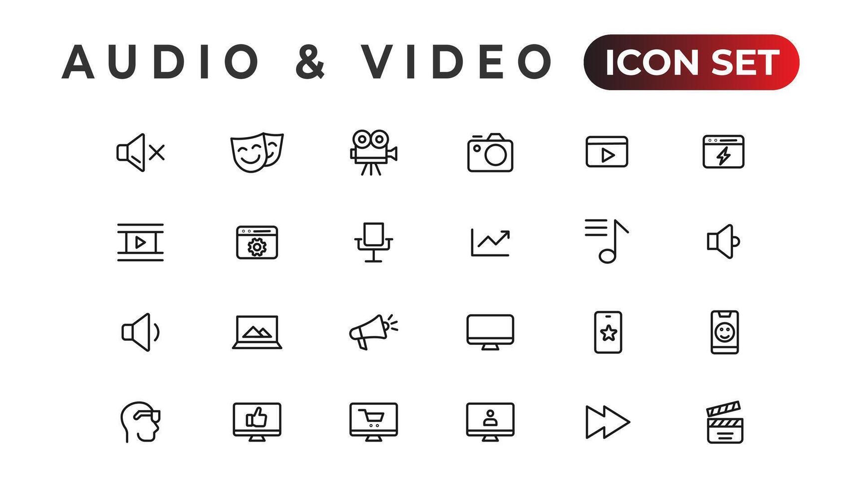 paquete de iconos de audio y video. conjunto de iconos de línea delgada. conjunto de colección de iconos planos. iconos vectoriales simples vector